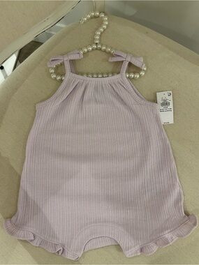 🦢 3~6 Mth Pale Lilac Ribbed Baby Romper with Bow Straps NWT